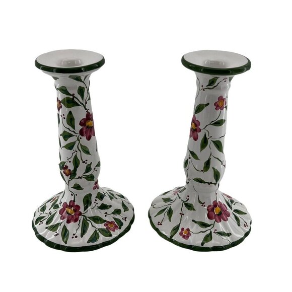 VTG RC & CLPorcelain Candlesticks Portugal Handpainted Flowers Vines - Picture 3 of 10